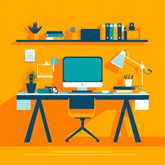 Modern Minimalist Home Office Desk with Computer, Lamp, and Plants