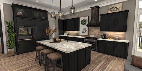 Modern Farmhouse Kitchen With Black Cabinetry And Island