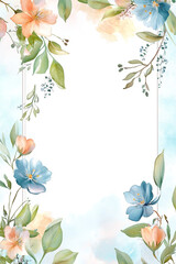 Fototapeta premium A blank page with a pastel watercolor floral background, The pattern of leaves, flowers, and vines is delicate and elegant, with soft colors such as light blue, pink, and green