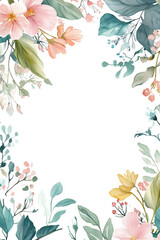 Obraz premium A blank page with a pastel watercolor floral background, The pattern of leaves, flowers, and vines is delicate and elegant, with soft colors such as light blue, pink, and green