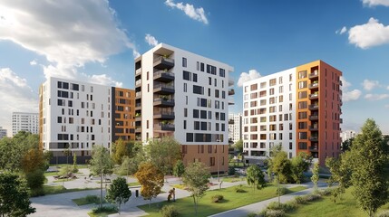 Modern Apartments Building Design with Green Lawn and Trees