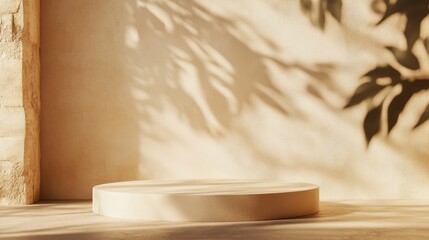 Background Beige Wall Studio Room with Light,Shadow on Table Top,Backdrop for Autumn,Fall Season pr