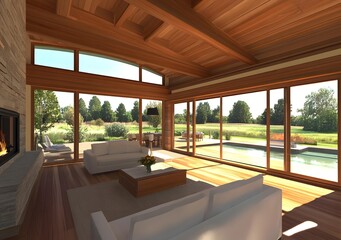 Naklejka premium Modern Living Room With Large Windows And A View Of A Swimming Pool