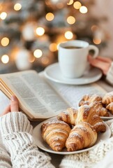 Cozy Morning With Croissants, Coffee, and a Book by Soft Lighting