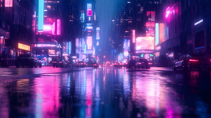 futuristic cityscape with neon lights reflecting on rainy streets