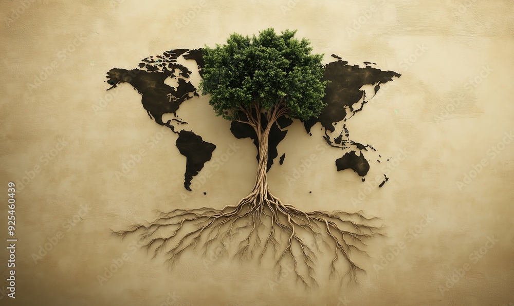 Poster a tree is growing out of the ground and is surrounded by a map of the world
