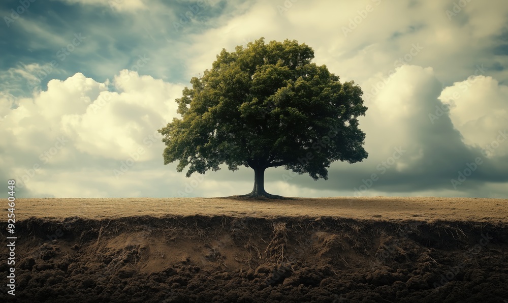 Poster a tree is standing in a field with a cloudy sky in the background