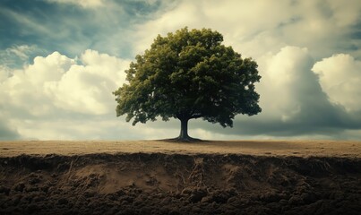 A tree is standing in a field with a cloudy sky in the background