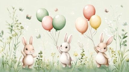Obraz premium A children's illustration of bunnies holding balloons against a background of green flowers. Ideal for digital printing and custom design wallpaper.