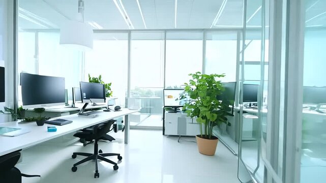 Bright Clean Office With Plants and Multiple Screens Generative AI