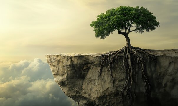 A tree with its roots growing out of a cliff