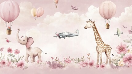 A kids' wallpaper mural featuring cycling animals with balloons, including a giraffe and elephant, set against a watercolor pink background. The design includes hot air balloons, blooming flowers