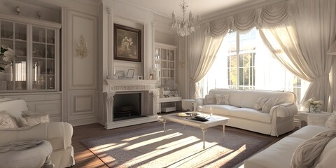 Elegant Living Room Interior Design with White Furniture and Fireplace