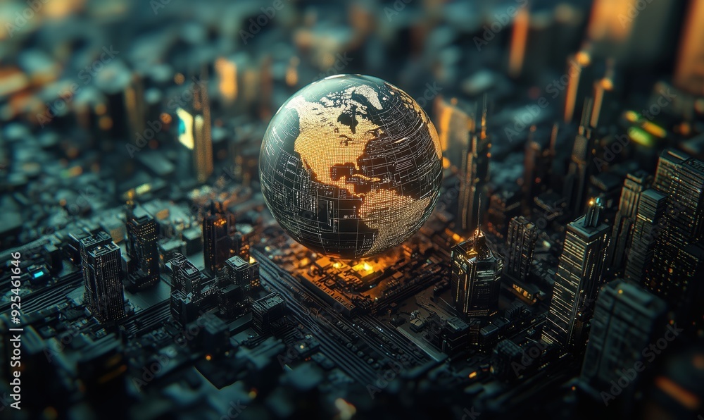 Poster a computer generated image of a city with a glowing globe on top of it