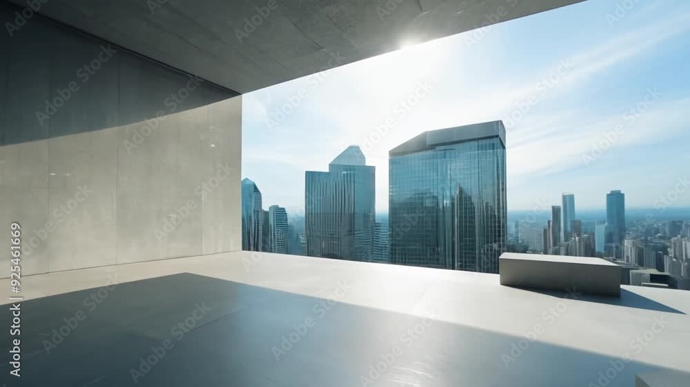 Poster concrete room with abstract design and skyline view in daylight generative ai