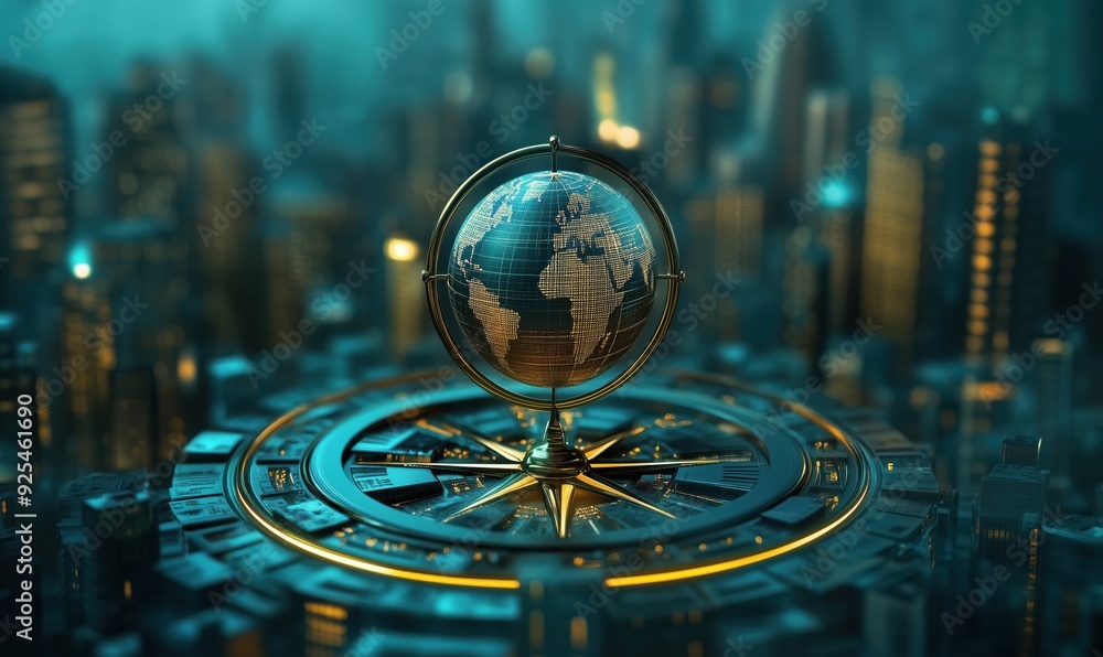 Poster a globe is placed on top of a clock with a city in the background
