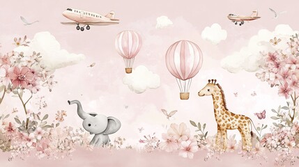 A kids' wallpaper mural featuring cycling animals with balloons, including a giraffe and elephant, set against a watercolor pink background. The design includes hot air balloons, blooming flowers