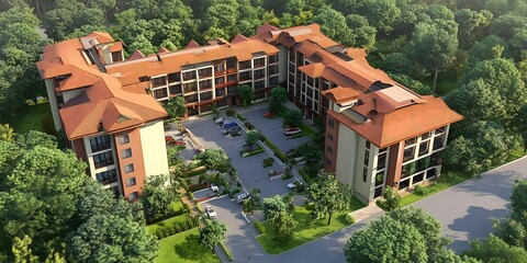 Aerial View of a Modern Apartment Complex with Parking and Surrounding Green Trees