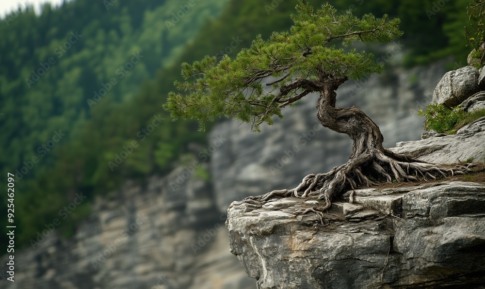 Poster a large tree with a trunk that is twisted and has roots growing out of it
