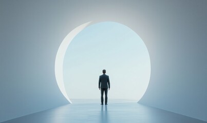 Obraz premium A man stands in a tunnel with a large circular opening in the wall