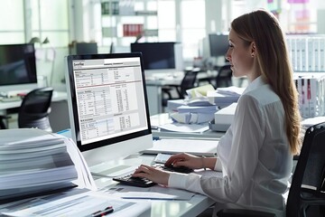 The photo shows a female accountant using e-invoice software on her computer in an office setting, surrounded by documents, bills, and financial reports.