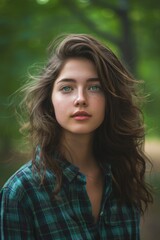 beautiful American young woman, brown hair, green eyes, green plaid shirt, green trees blurred background, cloudy day