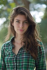 Obraz premium beautiful American young woman, brown hair, green eyes, green plaid shirt, green trees blurred background, cloudy day