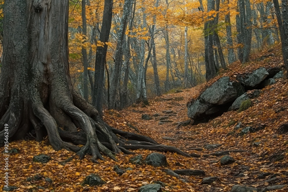 Wall mural serene woodland trail in autumn with vibrant yellow leaves, large tree trunks, and scattered rocks.