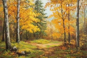 Fototapeta premium A serene forest path in autumn with vibrant yellow foliage, birch trees, and a peaceful atmosphere.