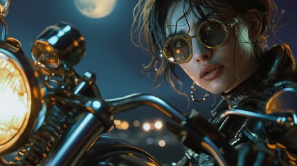 Woman on motorcycle at night with full moon in background.