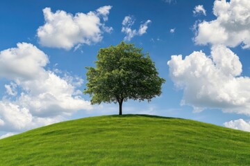 Obraz premium A solitary tree stands atop a lush green hill under a vibrant blue sky with scattered white clouds.