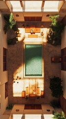 Aerial View of Minimalist Poolside Patio with Palm Trees