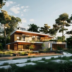Modern House Design with Wooden Exterior and Lush Greenery