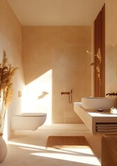 Modern Minimalist Bathroom Interior Design With Beige Walls and Wooden Accents