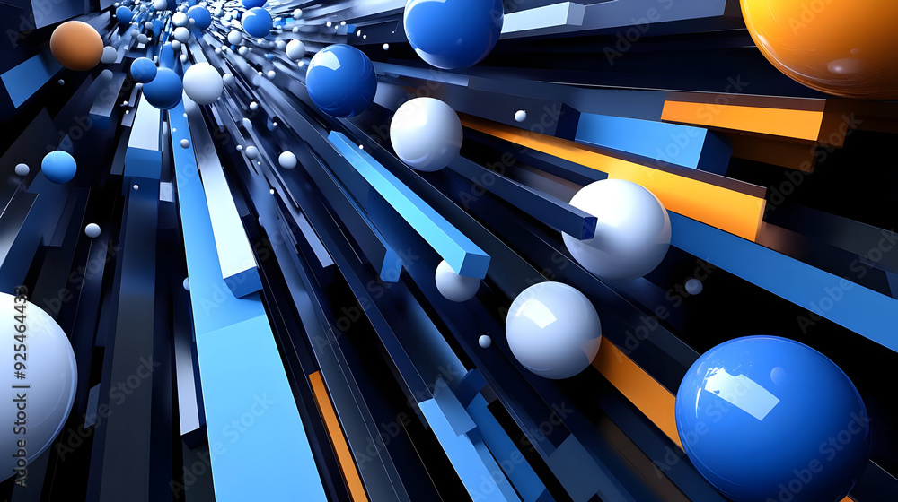 Poster abstract composition of geometric shapes and spheres in dynamic arrangement.