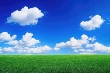Lush green meadow under a bright blue sky with fluffy clouds.