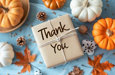 Wrapped Gifts Surrounded by Autumn Decor on a Wooden Surface