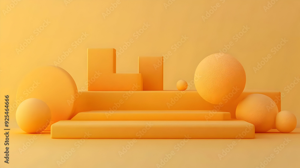 Poster abstract composition of geometric shapes in various orange tones on a simple background.