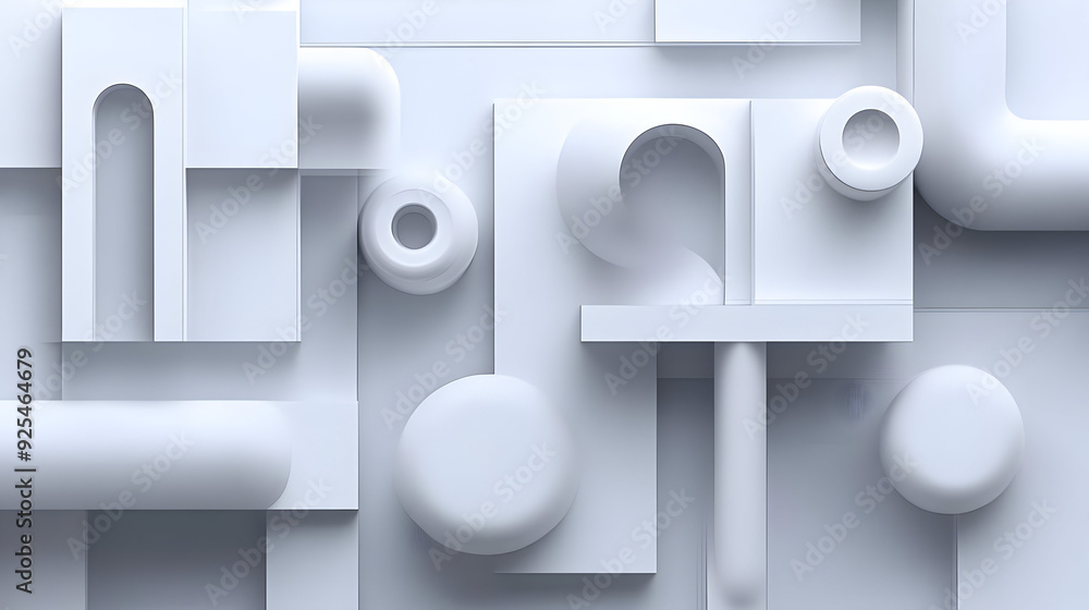 Poster abstract composition of geometric shapes in white tones, emphasizing depth and texture.