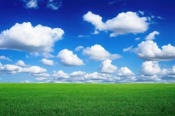 Fototapeta premium A vast green field under a bright blue sky with fluffy white clouds.