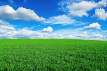 A vast green field below a bright blue sky with scattered clouds forming a picturesque scene.