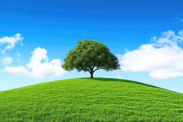 Obraz premium A lone tree sits atop a grassy hill under a bright blue sky with fluffy clouds.
