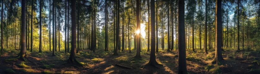 Obraz premium A serene forest scene at sunrise with tall trees and lush greenery, creating a peaceful atmosphere.