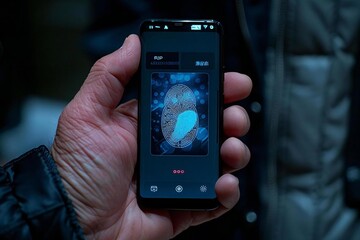 close-up shot of a man's hand holding a smartphone with a fingerprint scanning app open, showcasing the security features of online banking and mobile ecommerce.