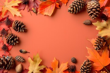 Autumn Leaves and Pine Cones on Orange Background