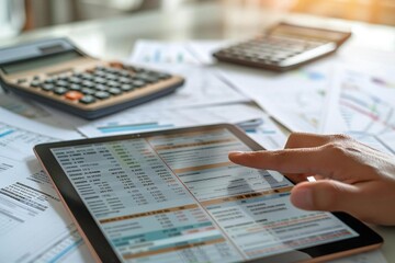 close-up shot of a digital invoice accounting and audit finance software on a tablet screen with a background of financial documents and calculator.