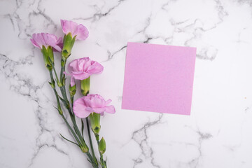 Obraz premium Invitation mockup with pink carnation flowers on light background, copy space for card design. Wedding invitation. International Women's Day, Mother's Day concept