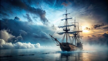 Obraz premium Pirate ship sailing through foggy waters, pirate, ship, vessel, black, front view, fog, misty, seas, ocean, adventure, mystery