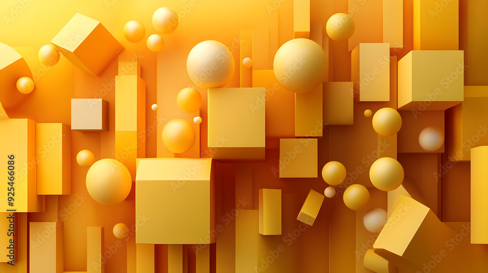 Poster abstract composition of yellow geometric shapes and spheres creating a vibrant background.