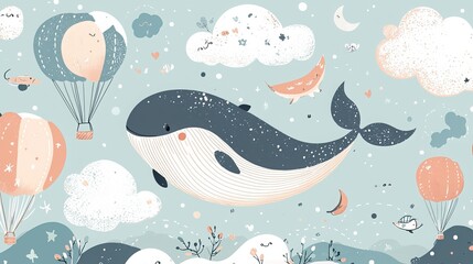 A vector illustration in  style featuring a hand-drawn, colorful, cute whale in the sky with air balloons, clouds, and the moon. Perfect for kids' wallpaper, baby room design